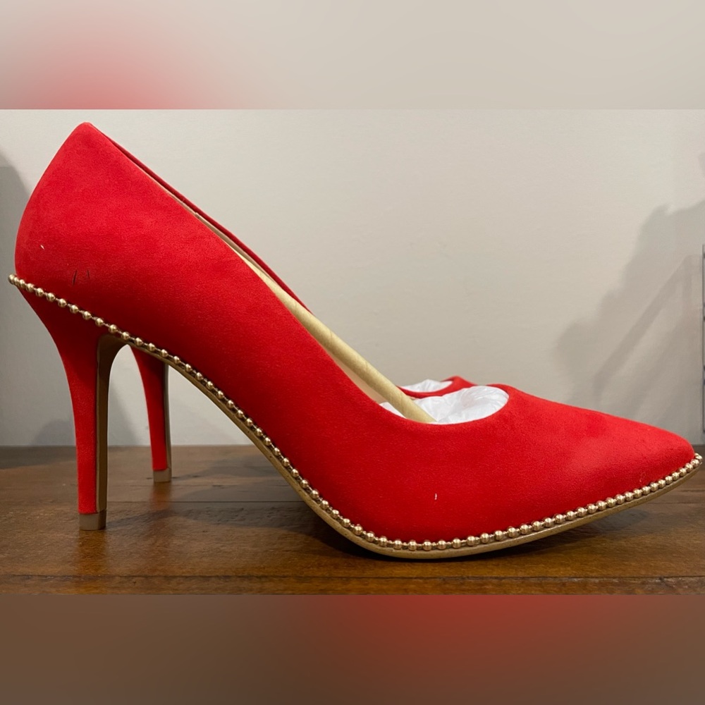 Coach RARE Red Suade Waverly Beadchain Heels with gold beadchains